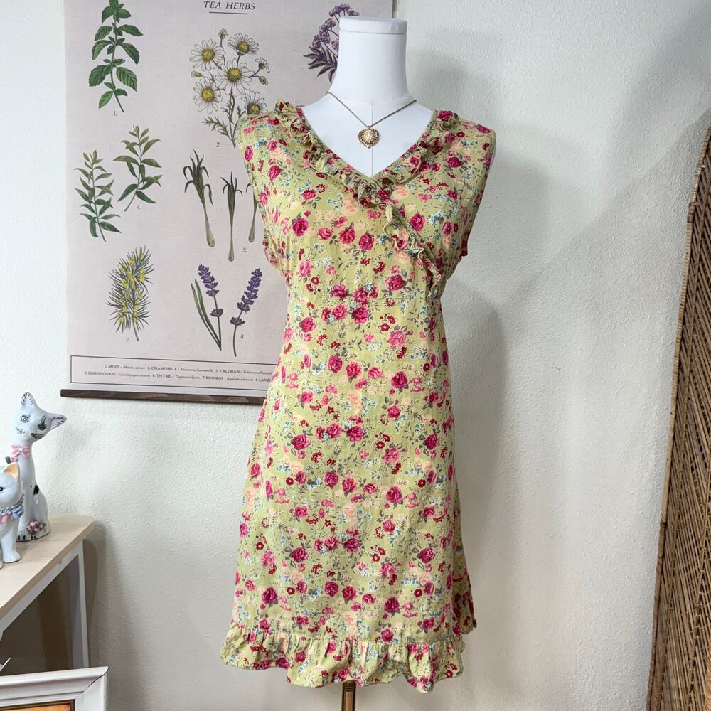 90s Y2k Floral Ruffle Babydoll Tie Back Mini Dress Fairy Grunge Forest Cottage S